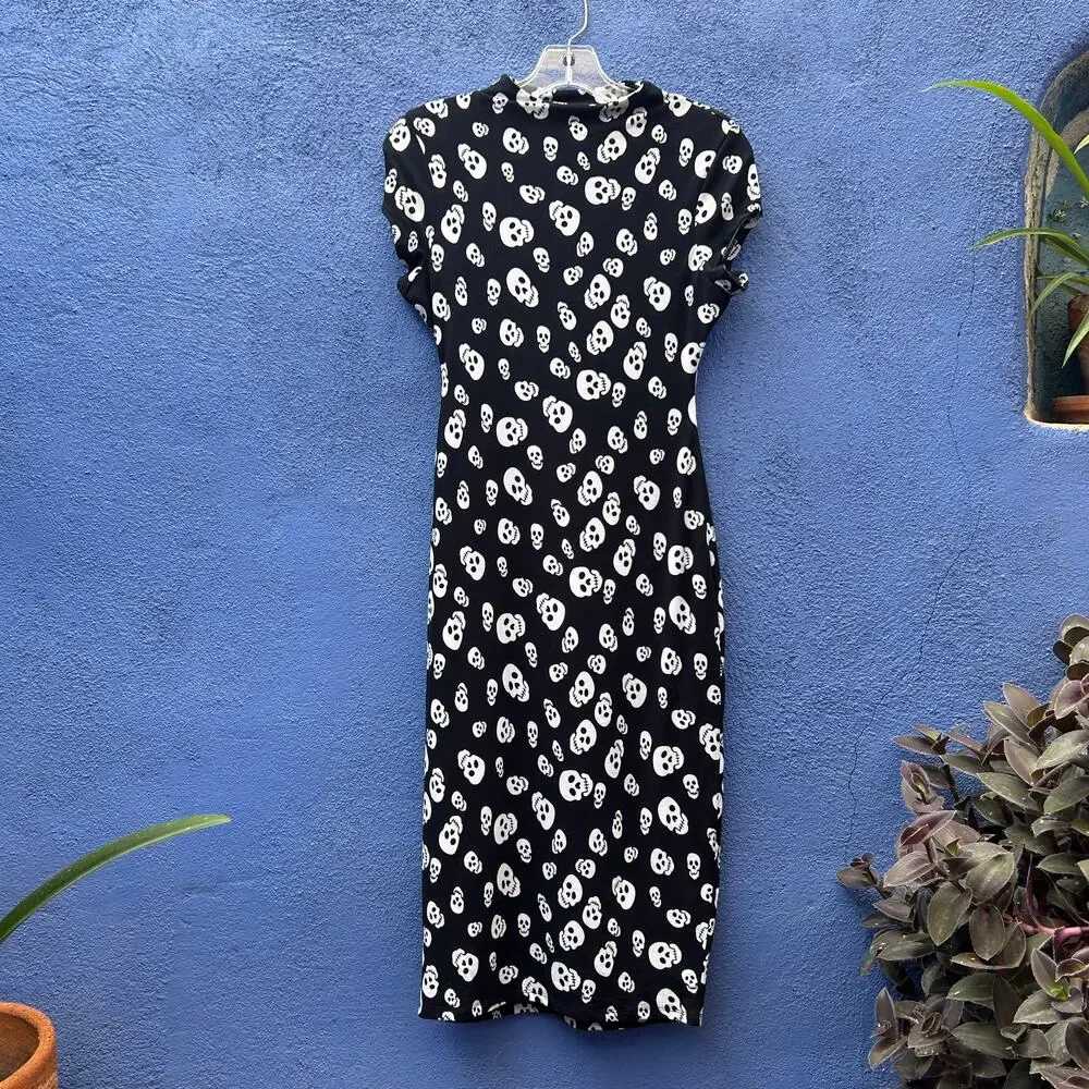 skull print bodycon dress ROMWE PUNK Butterfly & Skull Print Cut Out Halter Bodycon Dress